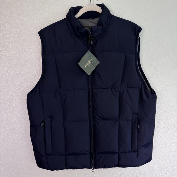 Eddie Bauer Down Vest Mens Large Classic Outdoor Warm Jacket Layer Navy Blue NEW - Picture 1 of 11